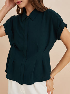 Latin Quarters Women'S Green Collar Neck Short Sleeves Solid Casual Top