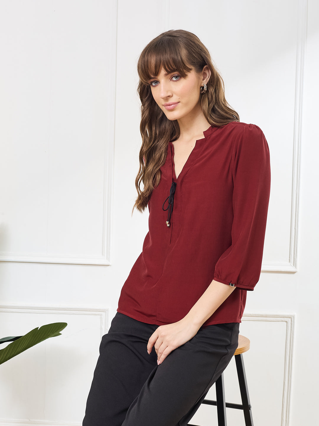 Latin Quarters Women's Maroon 3/4th Sleeves V-Neck Casual Solid Top