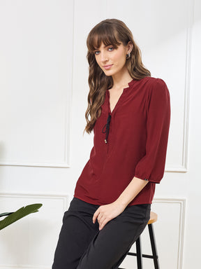 Latin Quarters Women's Maroon 3/4th Sleeves V-Neck Casual Solid Top