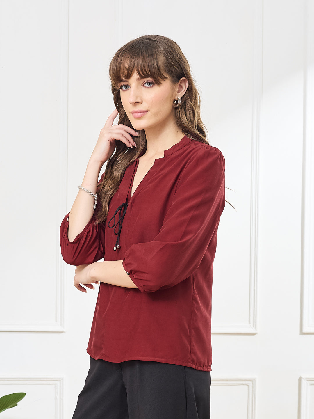 Latin Quarters Women's Maroon 3/4th Sleeves V-Neck Casual Solid Top