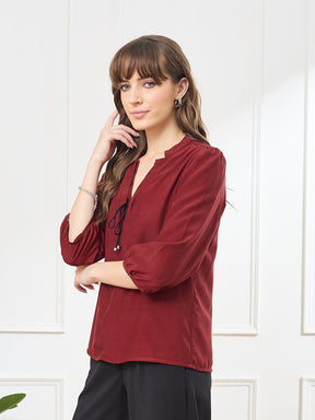 Latin Quarters Women's Maroon 3/4th Sleeves V-Neck Casual Solid Top