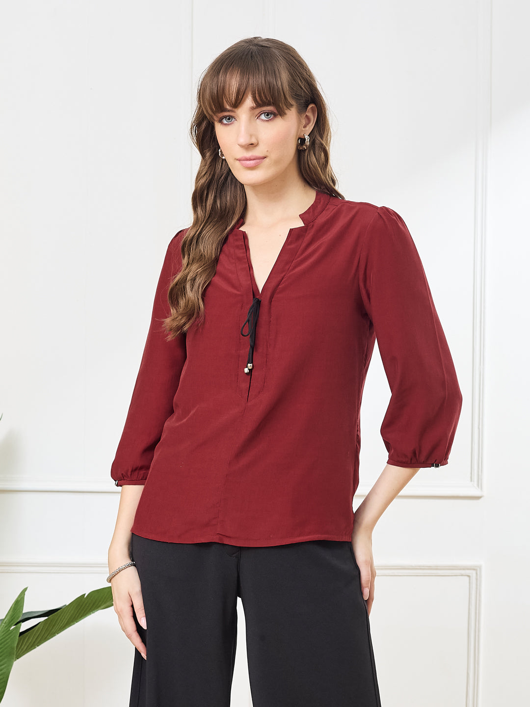 Latin Quarters Women's Maroon 3/4th Sleeves V-Neck Casual Solid Top