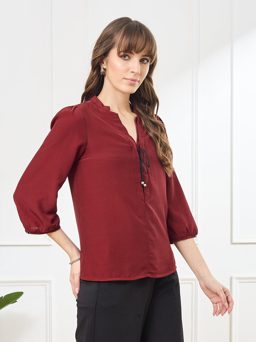 Latin Quarters Women's Maroon 3/4th Sleeves V-Neck Casual Solid Top
