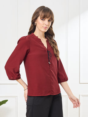 Latin Quarters Women's Maroon 3/4th Sleeves V-Neck Casual Solid Top