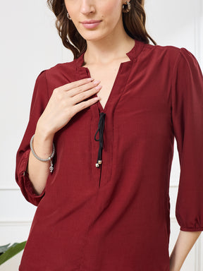 Latin Quarters Women's Maroon 3/4th Sleeves V-Neck Casual Solid Top