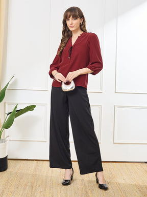 Latin Quarters Women's Maroon 3/4th Sleeves V-Neck Casual Solid Top