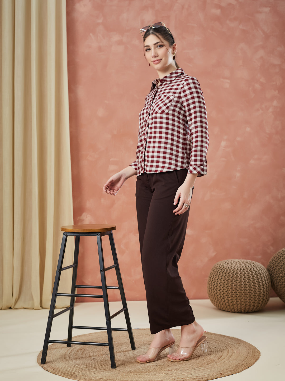 Latin Quarters Women's Maroon 3/4Th Sleeves Checks Collar Neck Formal Shirt
