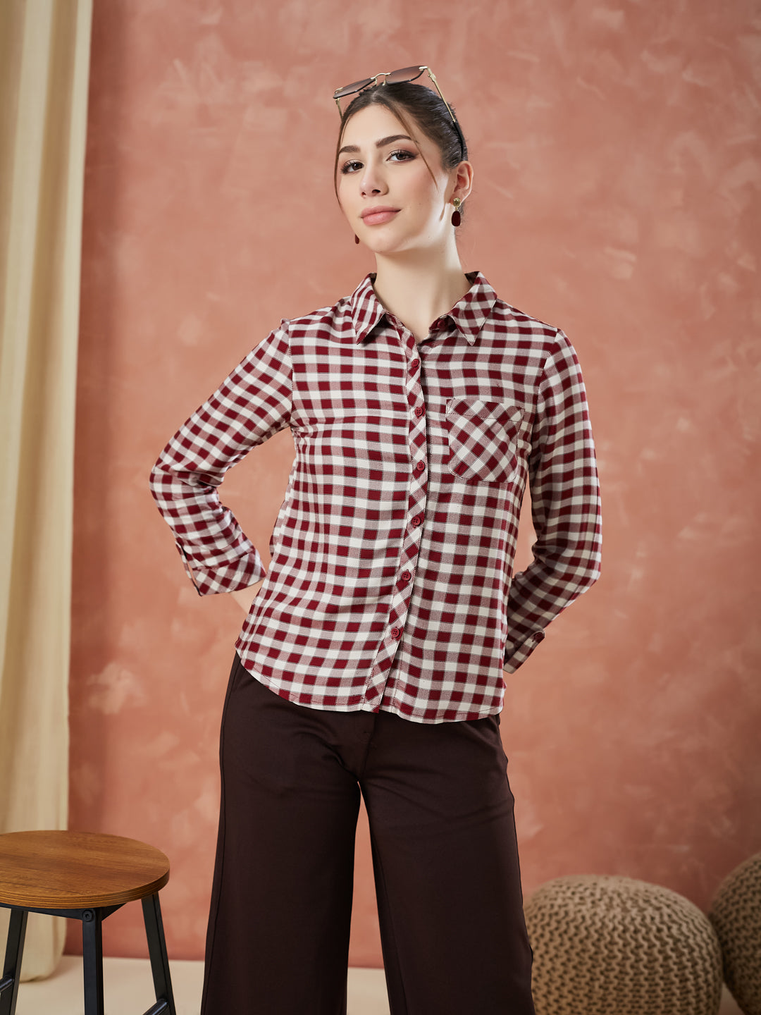 Latin Quarters Women's Maroon 3/4Th Sleeves Checks Collar Neck Formal Shirt