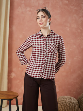 Latin Quarters Women's Maroon 3/4Th Sleeves Checks Collar Neck Formal Shirt