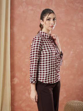 Latin Quarters Women's Maroon 3/4Th Sleeves Checks Collar Neck Formal Shirt