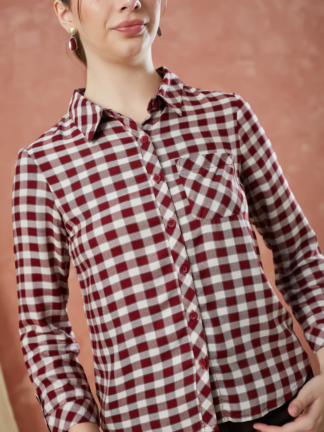 Latin Quarters Women's Maroon 3/4Th Sleeves Checks Collar Neck Formal Shirt