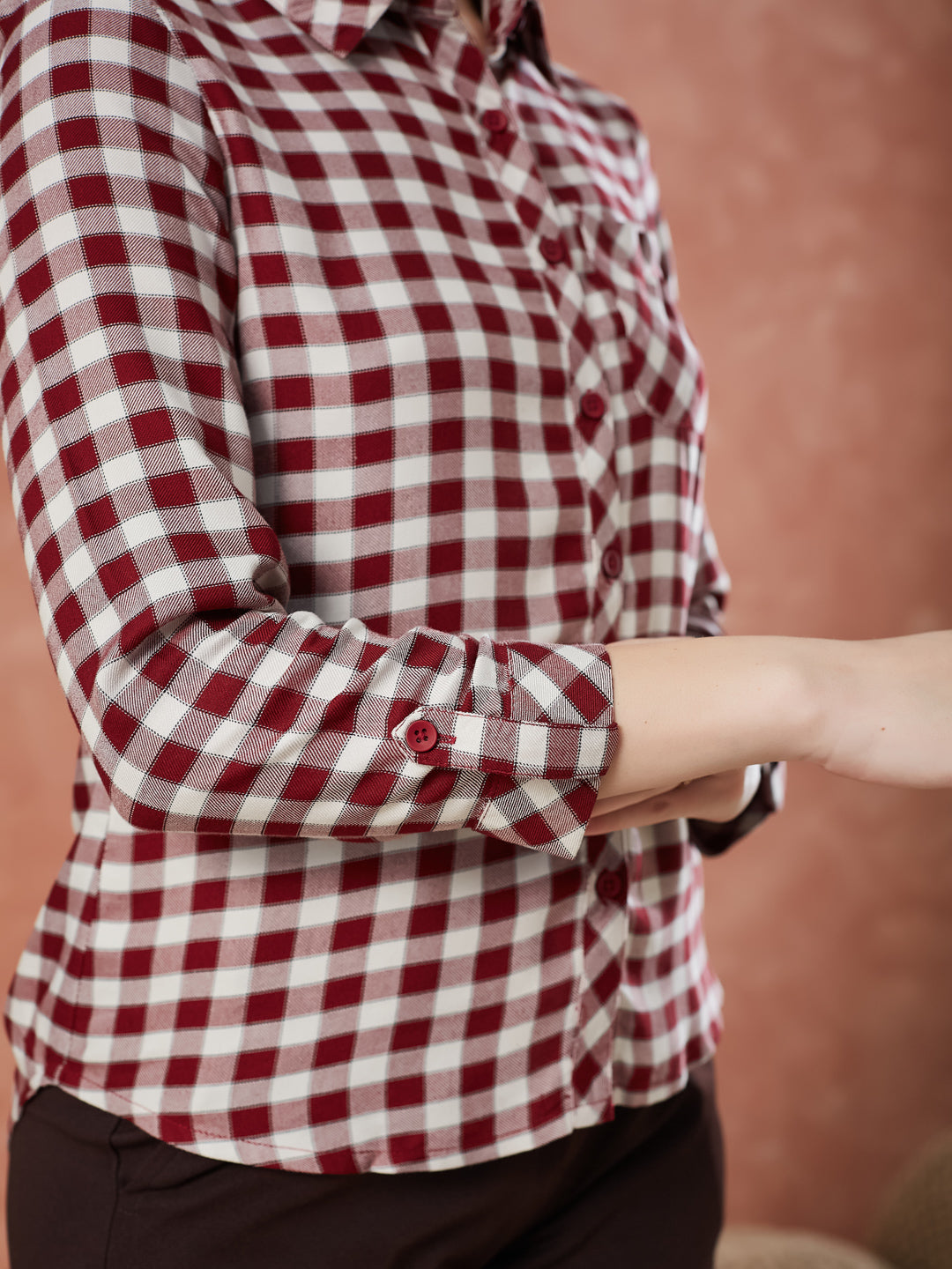Latin Quarters Women's Maroon 3/4Th Sleeves Checks Collar Neck Formal Shirt