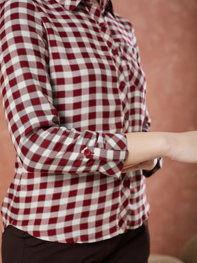 Latin Quarters Women's Maroon 3/4Th Sleeves Checks Collar Neck Formal Shirt