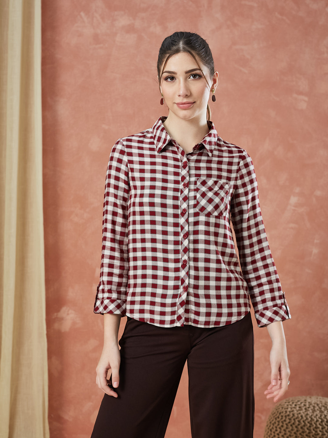 Latin Quarters Women's Maroon 3/4Th Sleeves Checks Collar Neck Formal Shirt