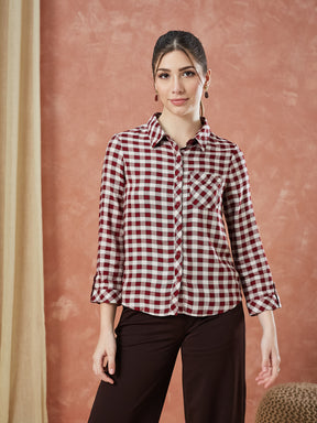 Latin Quarters Women's Maroon 3/4Th Sleeves Checks Collar Neck Formal Shirt