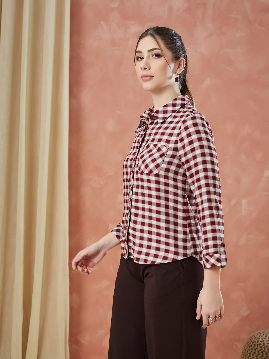 Latin Quarters Women's Maroon 3/4Th Sleeves Checks Collar Neck Formal Shirt