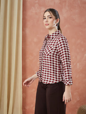 Latin Quarters Women's Maroon 3/4Th Sleeves Checks Collar Neck Formal Shirt