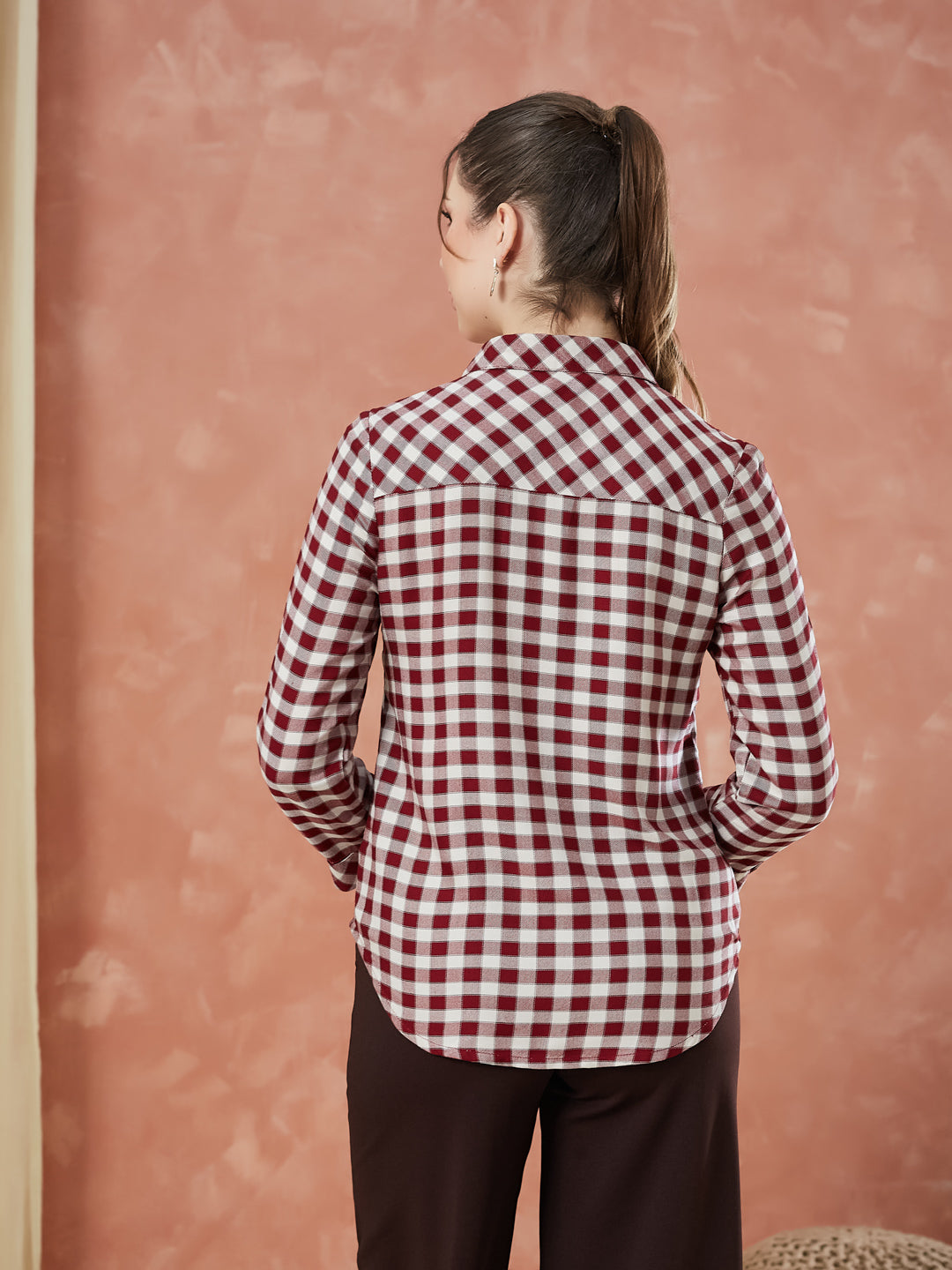 Latin Quarters Women's Maroon 3/4Th Sleeves Checks Collar Neck Formal Shirt