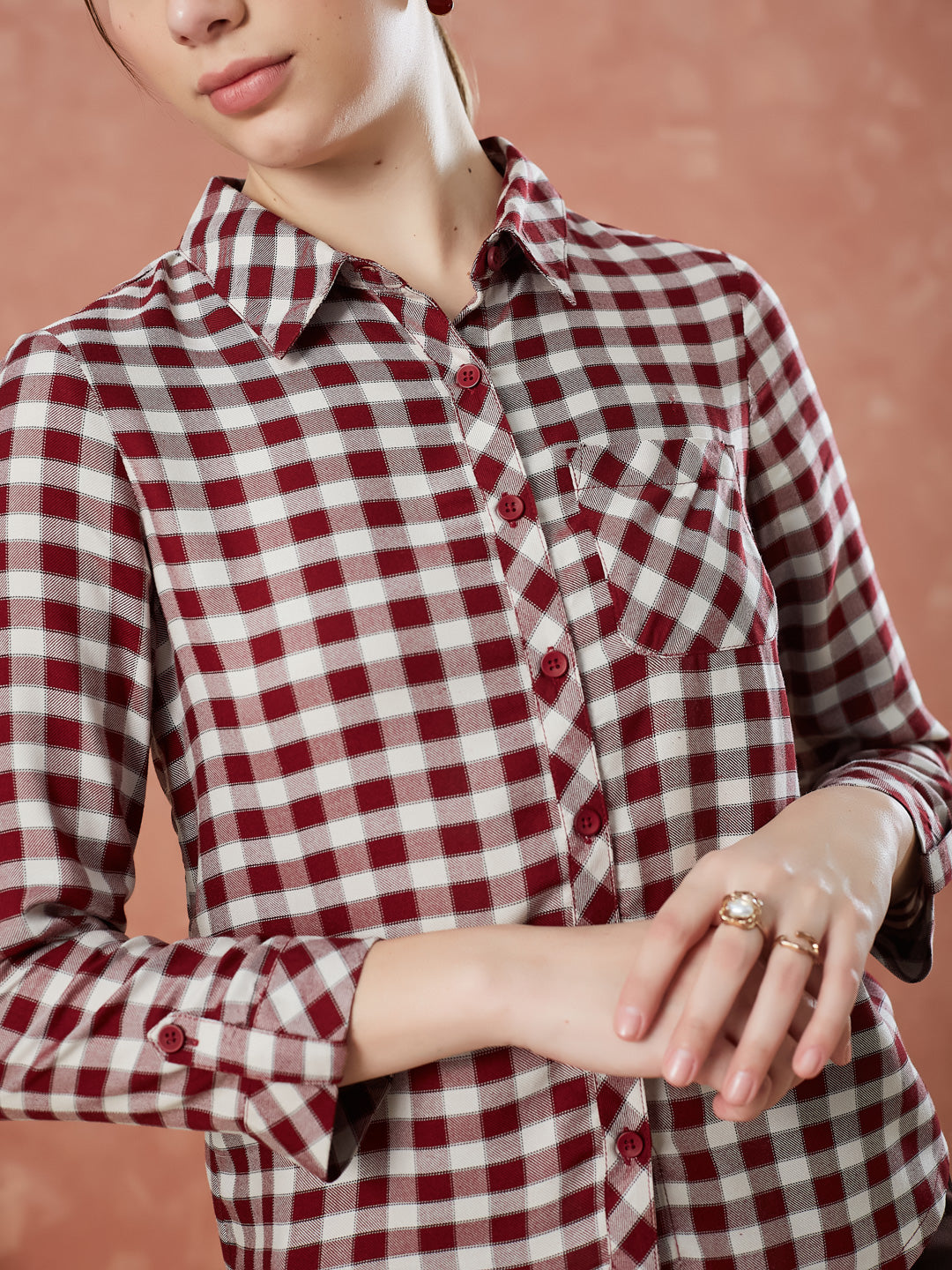 Latin Quarters Women's Maroon 3/4Th Sleeves Checks Collar Neck Formal Shirt
