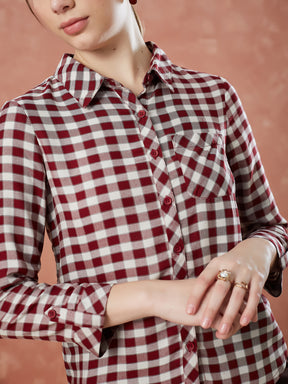Latin Quarters Women's Maroon 3/4Th Sleeves Checks Collar Neck Formal Shirt