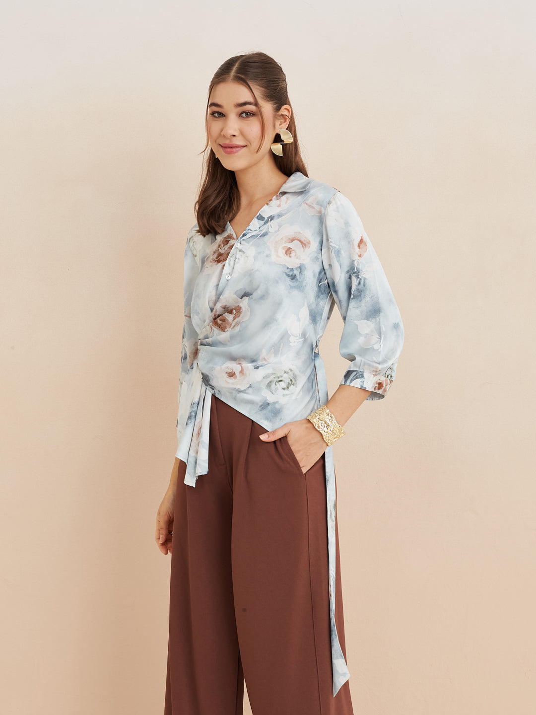 Latin Quarters Women'S Grey Collar Neck 3/4Th Sleeves Printed Casual Wrap Top