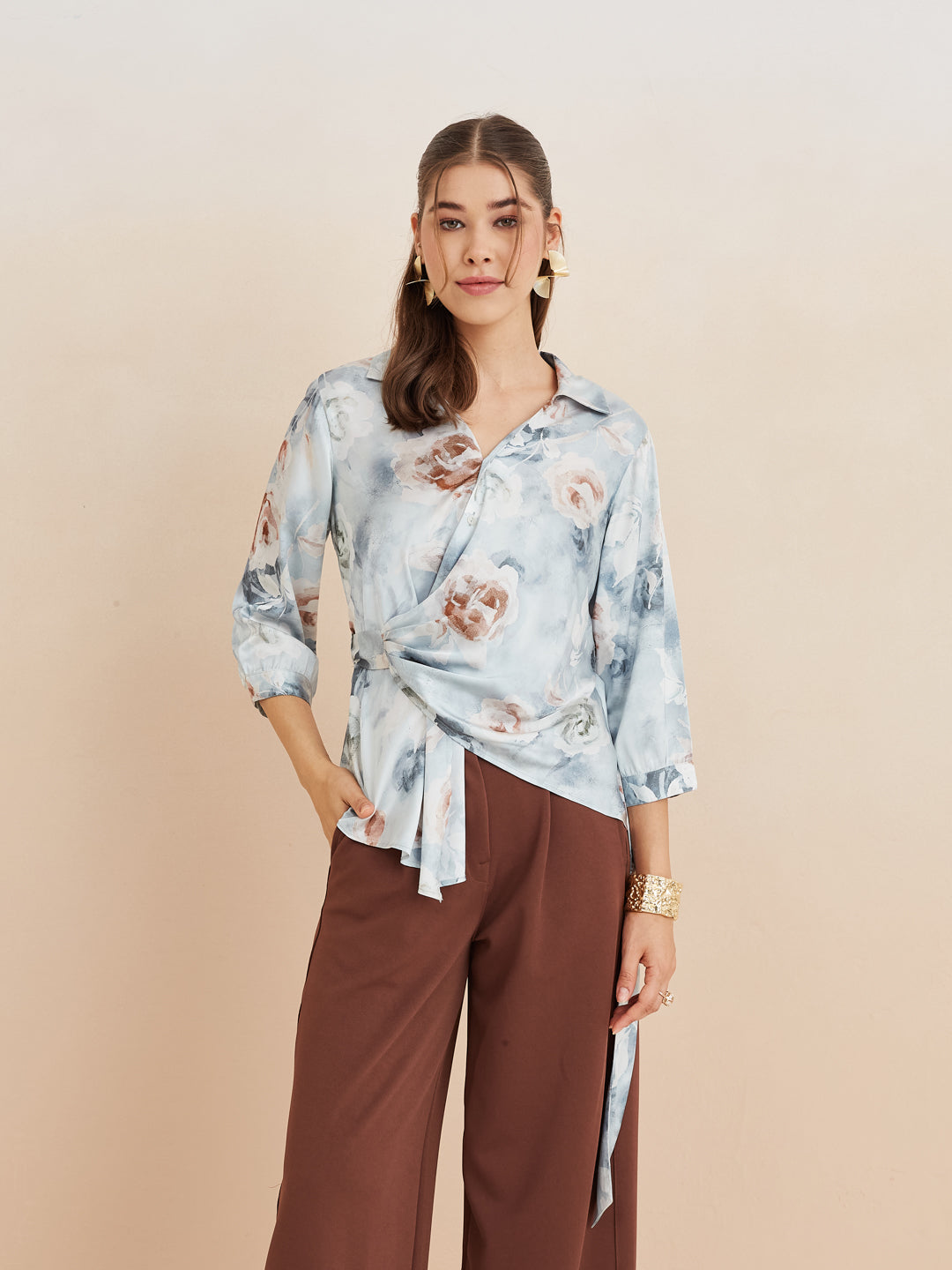 Latin Quarters Women'S Grey Collar Neck 3/4Th Sleeves Printed Casual Wrap Top