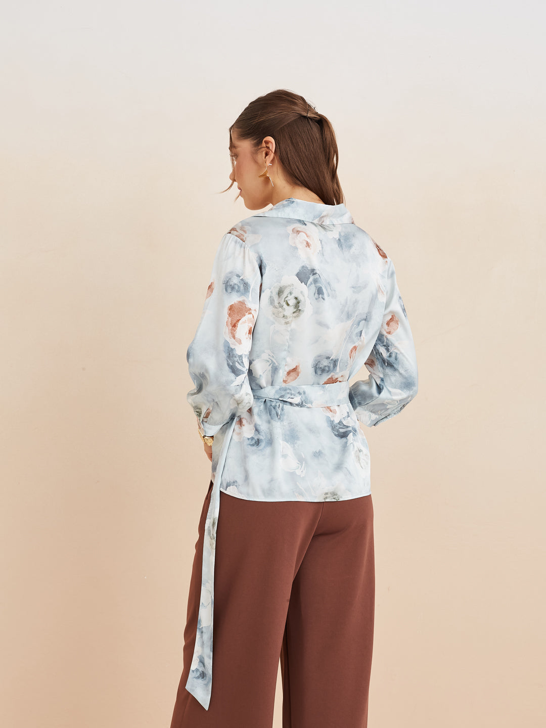 Latin Quarters Women'S Grey Collar Neck 3/4Th Sleeves Printed Casual Wrap Top