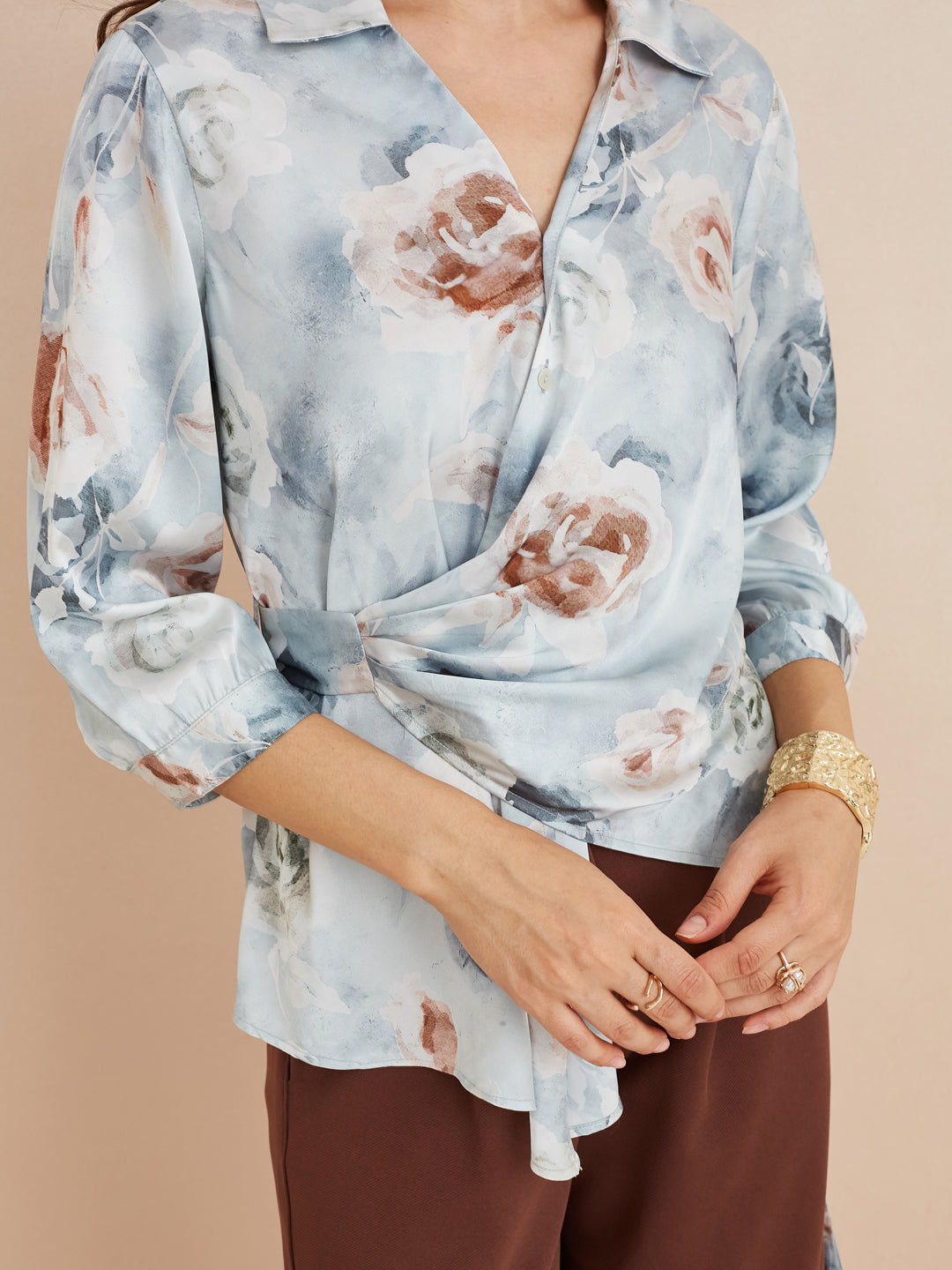 Latin Quarters Women'S Grey Collar Neck 3/4Th Sleeves Printed Casual Wrap Top