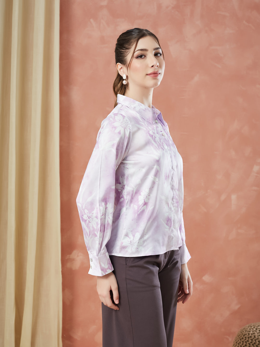 Latin Quarters Women's Lilac Full Sleeves Printed Collared Casual Shirt