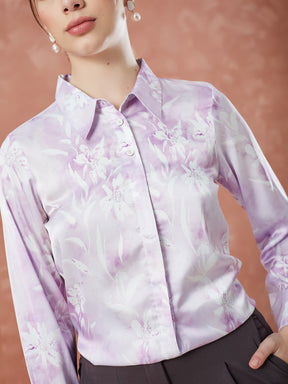 Latin Quarters Women's Lilac Full Sleeves Printed Collared Casual Shirt