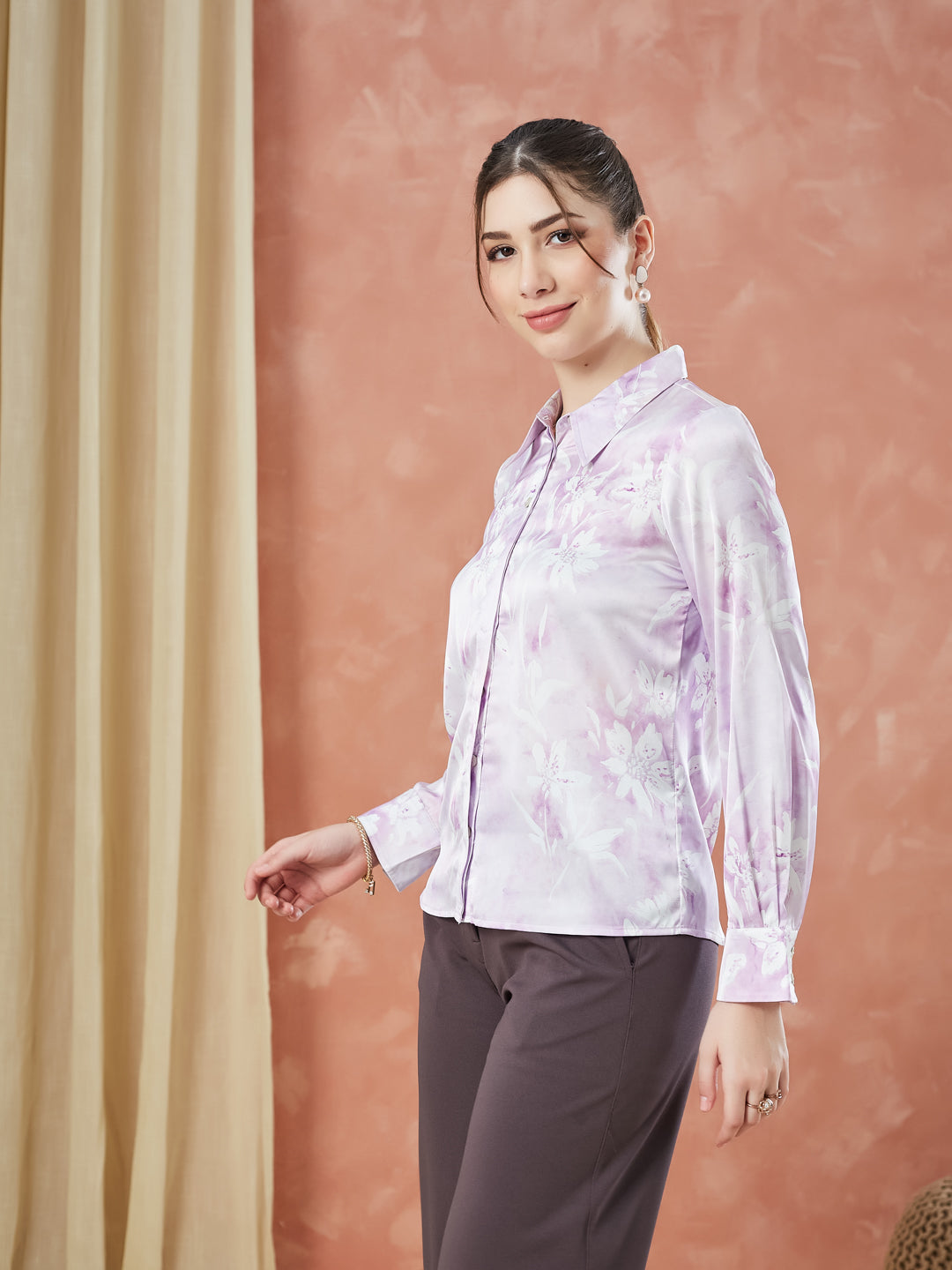 Latin Quarters Women's Lilac Full Sleeves Printed Collared Casual Shirt