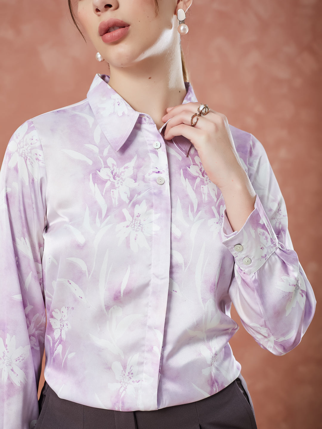 Latin Quarters Women's Lilac Full Sleeves Printed Collared Casual Shirt