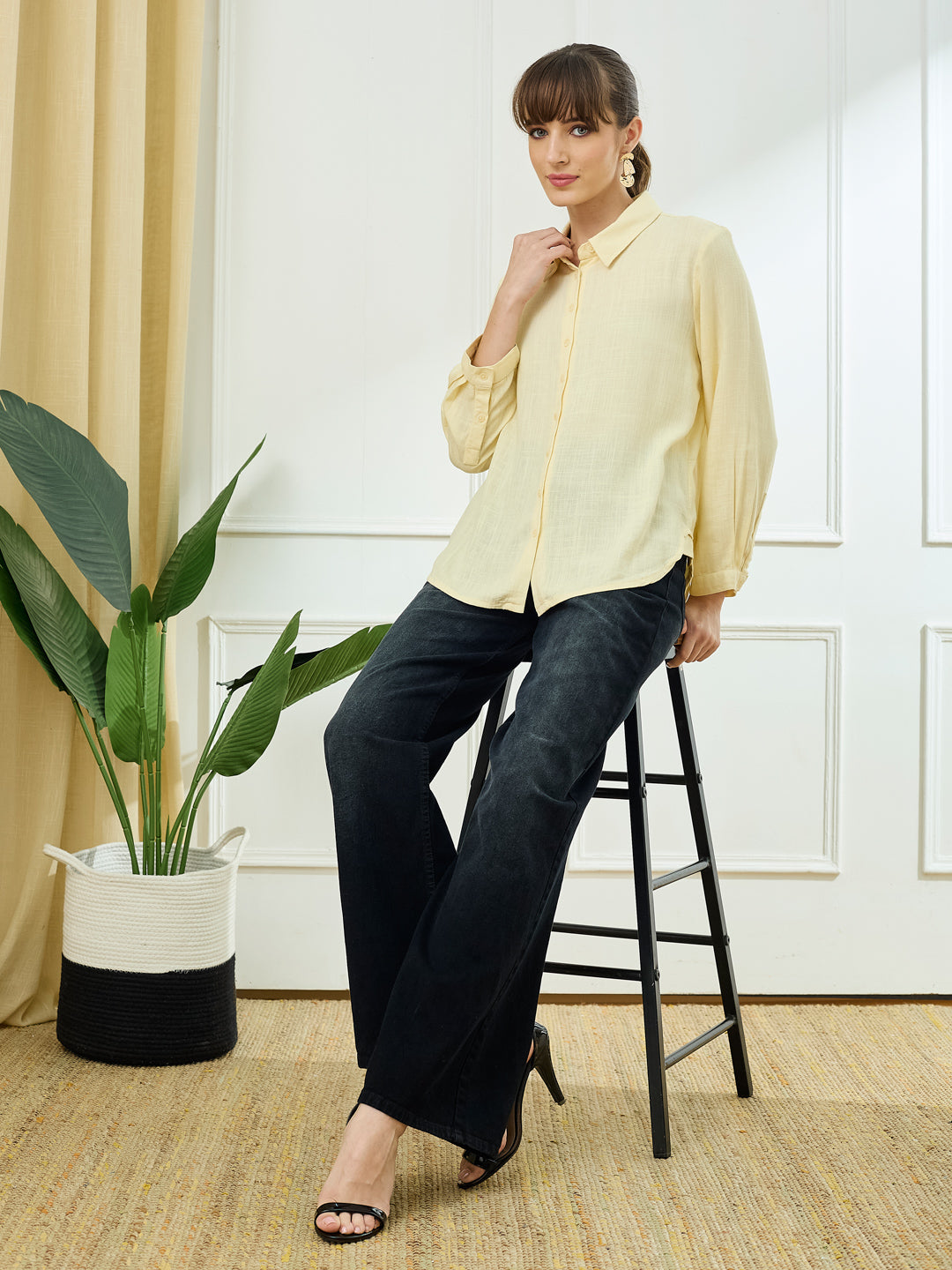 Latin Quarters Women's Yellow Full Sleeves Collar Neck Casual Solid Shirt