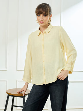Latin Quarters Women's Yellow Full Sleeves Collar Neck Casual Solid Shirt