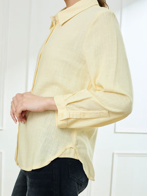 Latin Quarters Women's Yellow Full Sleeves Collar Neck Casual Solid Shirt