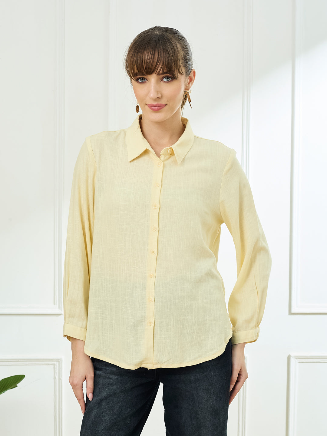 Latin Quarters Women's Yellow Full Sleeves Collar Neck Casual Solid Shirt