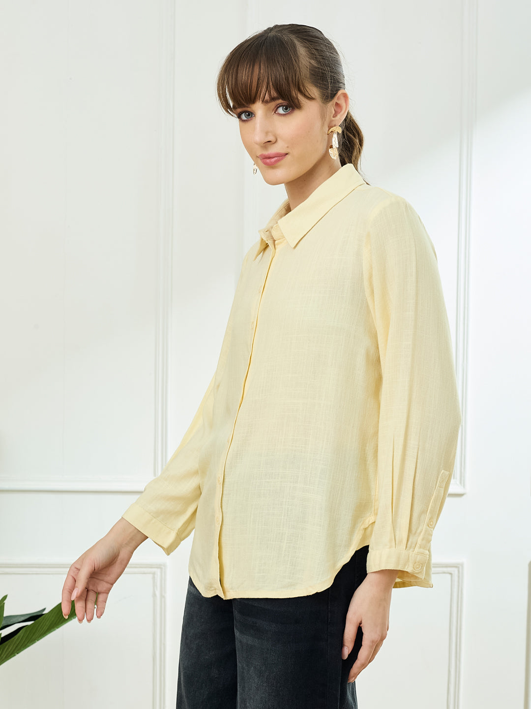 Latin Quarters Women's Yellow Full Sleeves Collar Neck Casual Solid Shirt