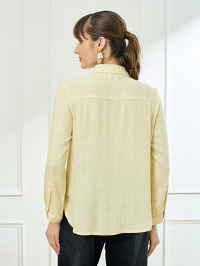 Latin Quarters Women's Yellow Full Sleeves Collar Neck Casual Solid Shirt