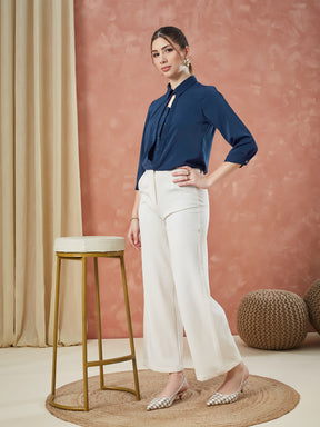 Latin Quarters Women's Blue 3/4Th Sleeves Solid Collar Neck Casual Top