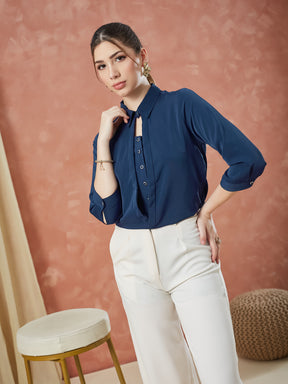 Latin Quarters Women's Blue 3/4Th Sleeves Solid Collar Neck Casual Top