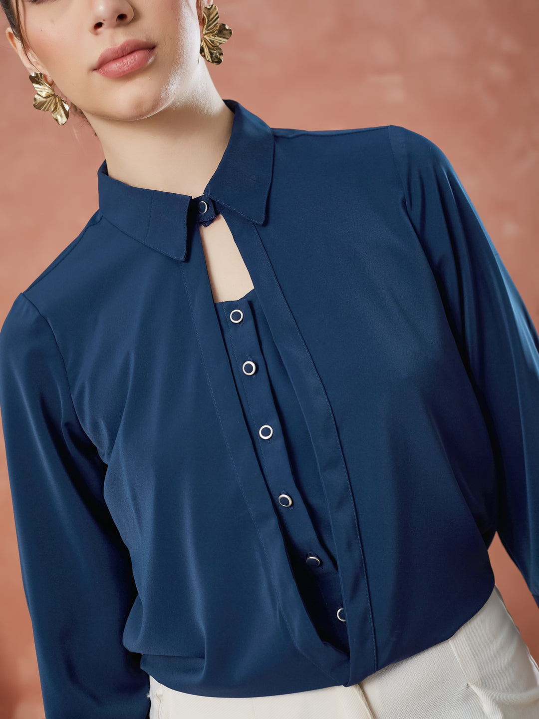 Latin Quarters Women's Blue 3/4Th Sleeves Solid Collar Neck Casual Top
