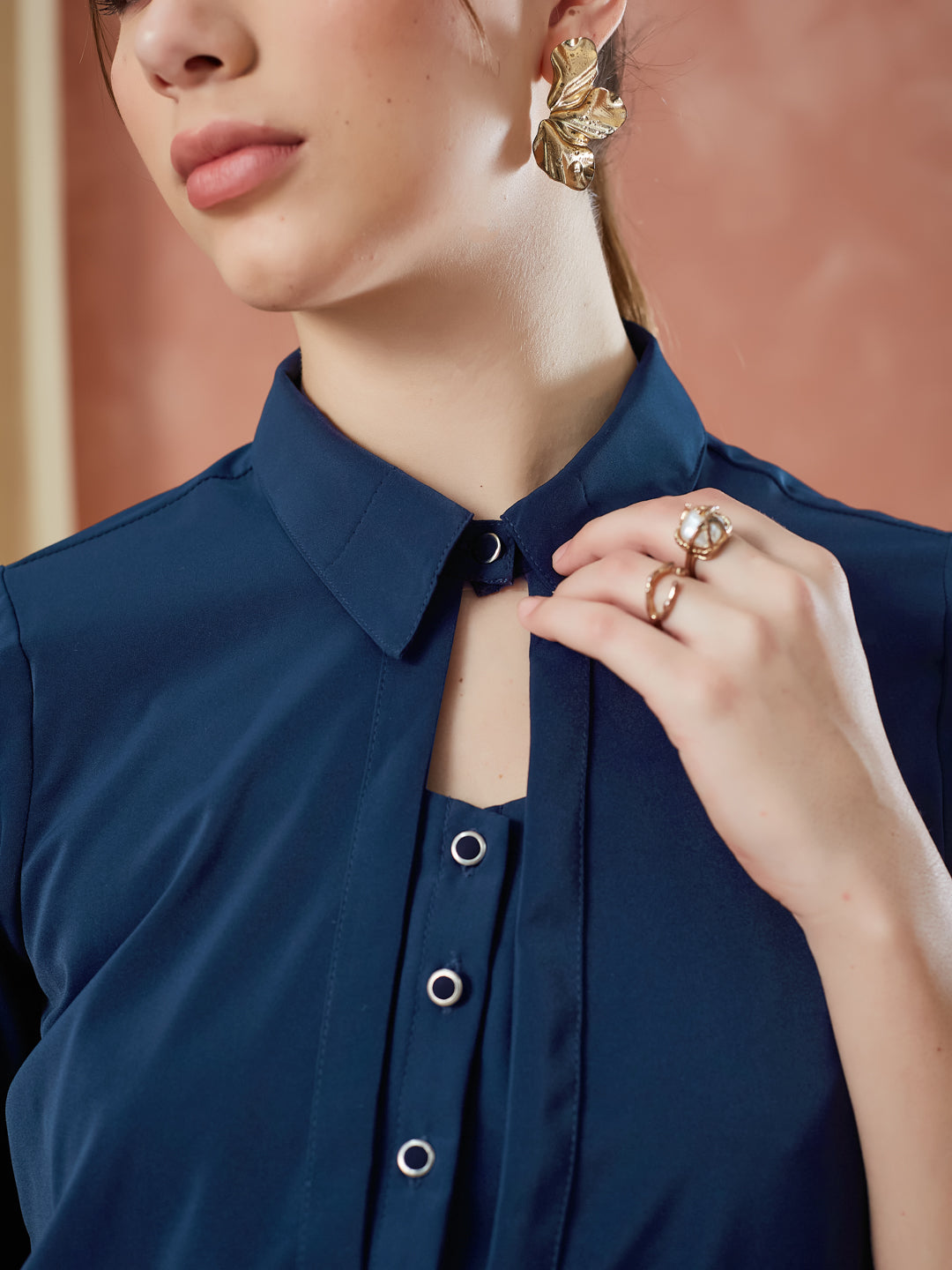 Latin Quarters Women's Blue 3/4Th Sleeves Solid Collar Neck Casual Top