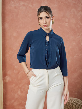 Latin Quarters Women's Blue 3/4Th Sleeves Solid Collar Neck Casual Top