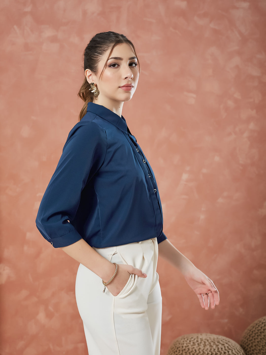 Latin Quarters Women's Blue 3/4Th Sleeves Solid Collar Neck Casual Top