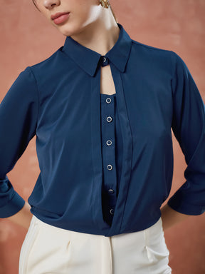 Latin Quarters Women's Blue 3/4Th Sleeves Solid Collar Neck Casual Top