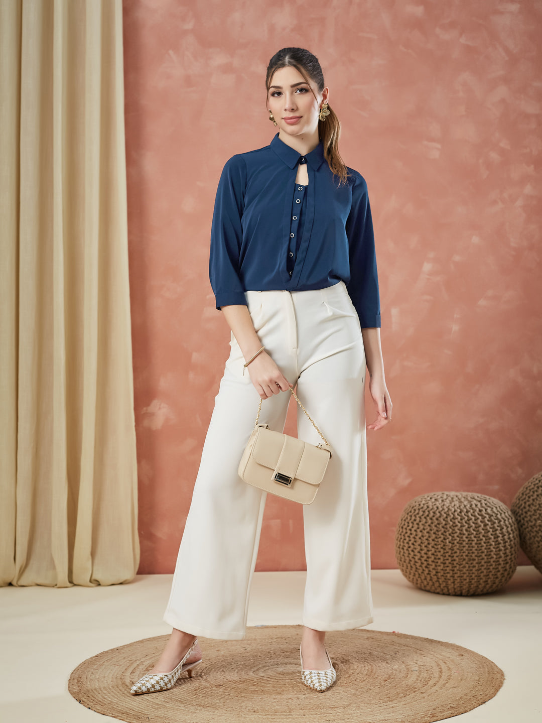 Latin Quarters Women's Blue 3/4Th Sleeves Solid Collar Neck Casual Top