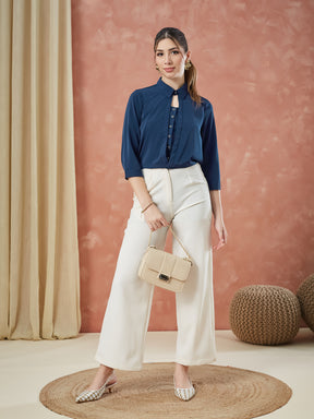 Latin Quarters Women's Blue 3/4Th Sleeves Solid Collar Neck Casual Top