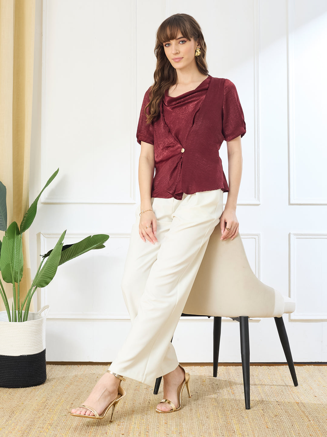 Latin Quarters Women's Maroon Half Sleeves Cowl Neck Casual Solid Top