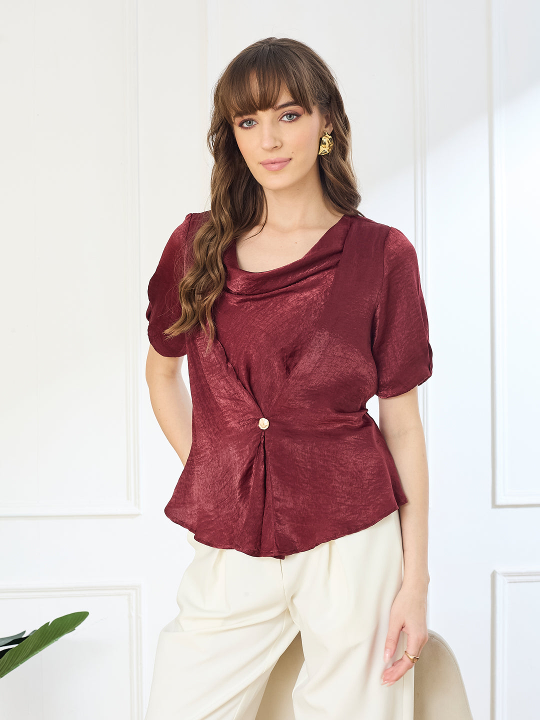 Latin Quarters Women's Maroon Half Sleeves Cowl Neck Casual Solid Top