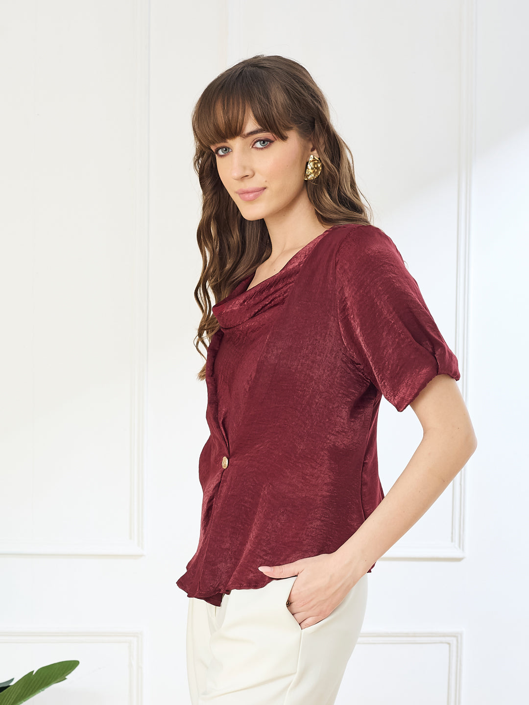 Latin Quarters Women's Maroon Half Sleeves Cowl Neck Casual Solid Top